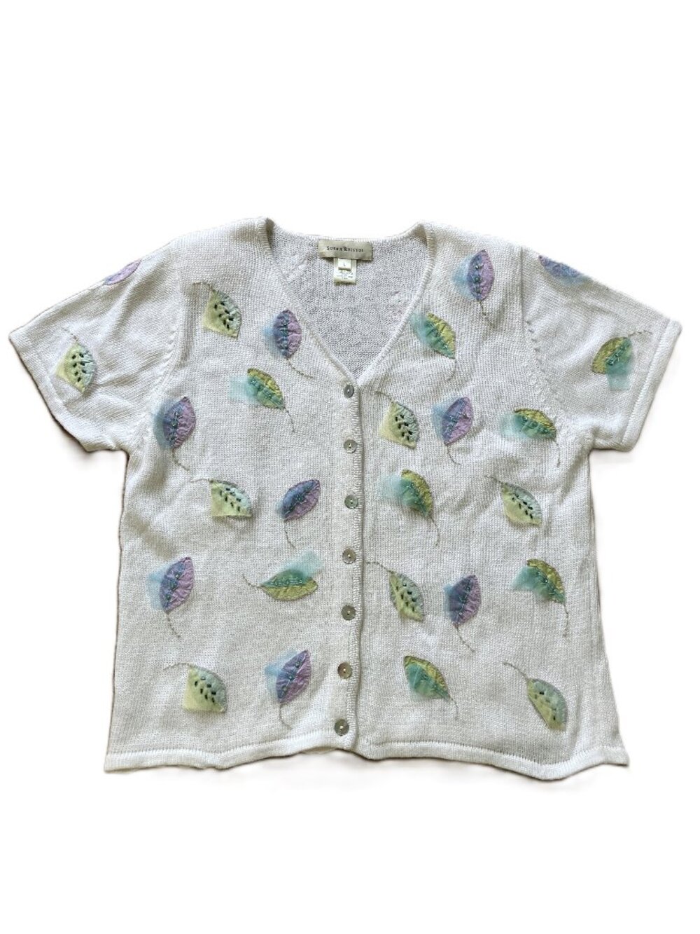 Susan Bristol Short Sleeve Cardigan Sweater Pastel Leaf Applique Vintage Y2K